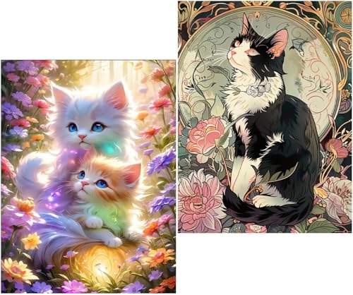 Amyaker ダイヤモンドアート キット 丸いビーズ 全面 2個セット ダイアモンドビーズ絵画キット DIY 手作り絵画 モザイクアート 5D モザイクアート ダイヤモンド塗装 全面貼り付けタイプ 30x40cm ねこ