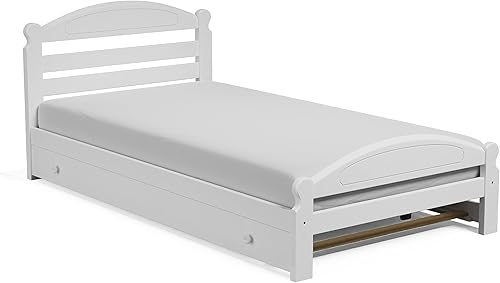 Cama nido de madera de pino macizo con acabado blanco y listones de madera de Arizona, soporte para recámara sin terminar, marco de cama individual