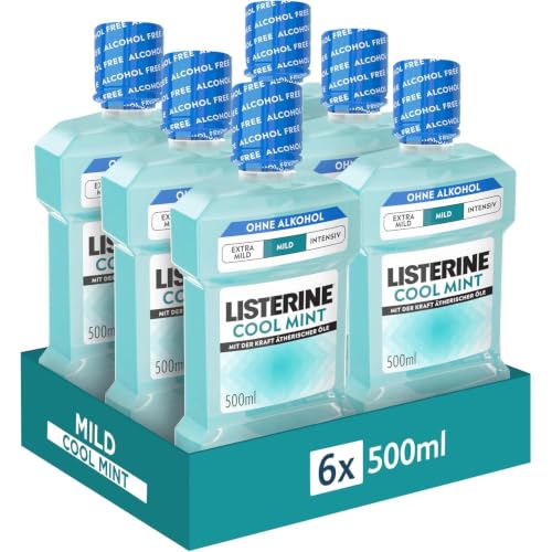 LISTERINE Cool Mint Mild 6 x 500 ml antibakterielle Mundspülung mit ätherischen Ölen und ohne Alkohol mildes Mundwasser bekämpft wirksam Bakterien optimale Ergänzung zur täglichen Zahnpflege