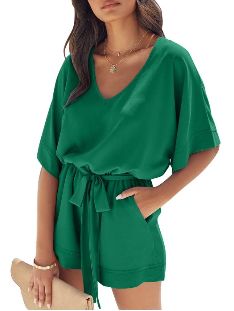 XXTAXN Women's Summer Casual Loose V Neck Short Sleeve Elastic Party Jumpsuit Rompers With Belt Green