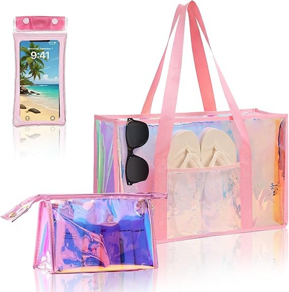 Cyrelwing Pink Iridescent Waterproof Beach Travel Bag for Women Large Waterproof Sandproof Womens Beach Tote Pool Bag Zipper Pool Swim Tote Bag for Travel Spring summer Vacation