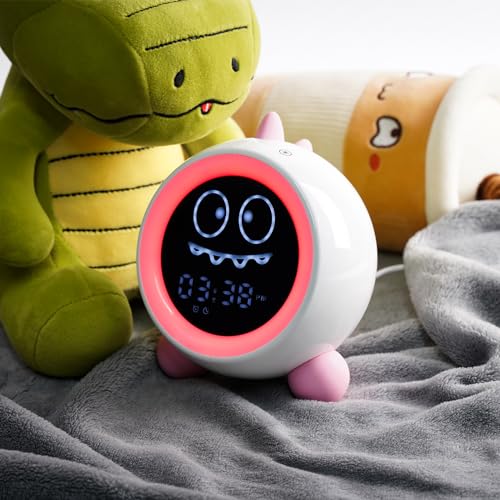 Image of Kids Alarm Clock, Toddler Sleep Training Clock with Night Lights, Sound Machine, Time to Wake Dinosaur Alarm Clock for Children, Gift Ideas for Kids Toddler Boy Girl (Pink)