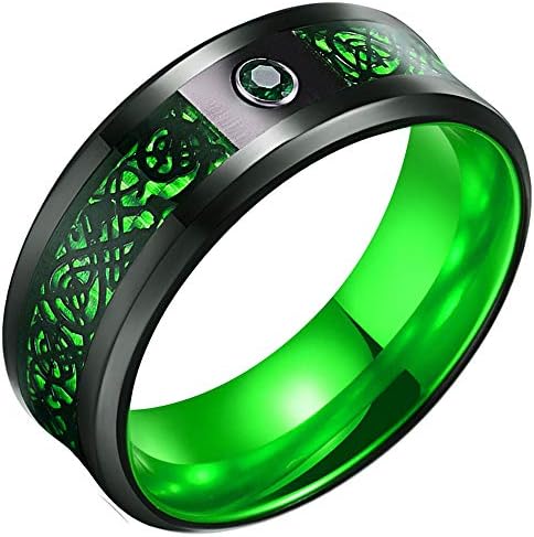 LOTIITEL 8mm Titanium Rings for Men Women Celtic Dragon Wedding Band (Black & Green, 9)