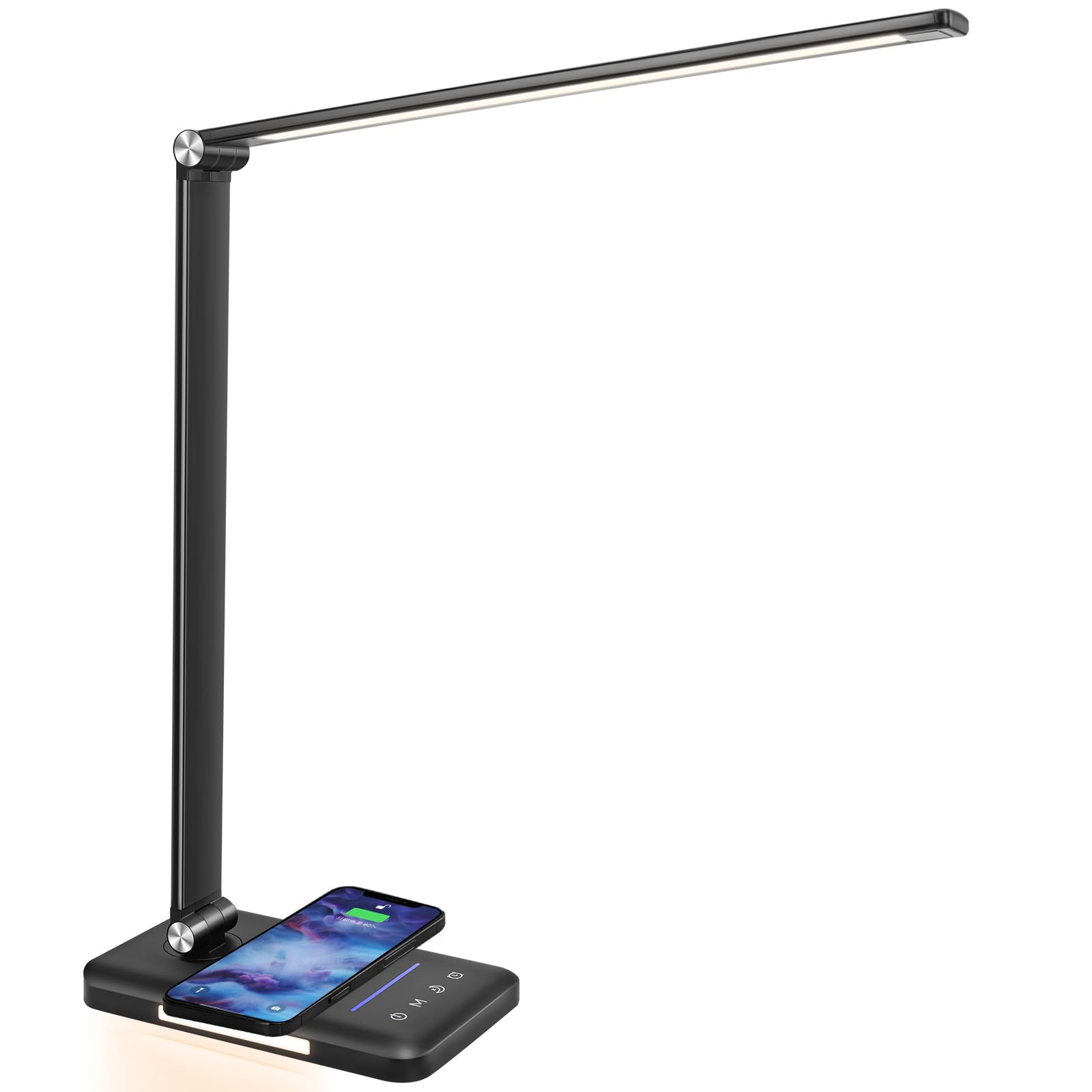 BIENSER LED Desk Lamp with Wireless Charging, Night Light, USB Charging Port, 10 Dimmable Brightness Levels, 5 Color Modes, Desk Lamps for Home Office, Touch Control, Auto Timer, 24W Adapter Included