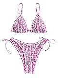 ZAFUL Women's Swimsuits Boho Floral Print Triangle String Thong Bikini Set Sexy High Cut Swimwear Bathing Suit Pink