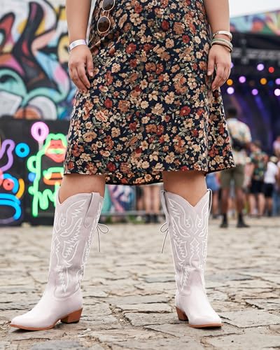 Image of Uillnoodu Wide Calf Cowboy Boots Women Adjustable Lace Up Knee High Tall Plus Size Cowgirl Boots Western Style Comfortable 2-Inch Heel