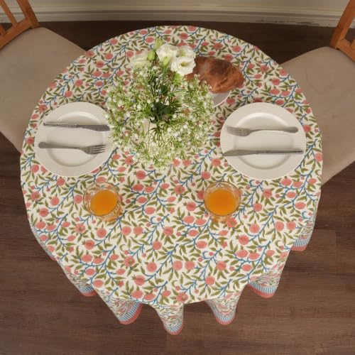 Image of Encasa XO Dining Table Cloth, Jaipuri Block Print Cotton Cover Pink | 60 inch Round | 4 Seater | Handcrafted Floral Pattern | Durable & Easy Care | Indoor & Outdoor Table Protector