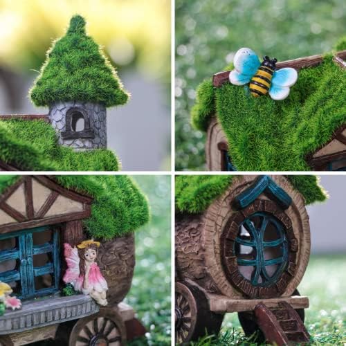 TERESA'S COLLECTIONS Flocked Carriage Fairy House for Garden Ornaments Outdoor with Solar Lights, Waterproof Resin Cottage Garden Statues Figurine for Patio Lawn Yard Decoration, 21cm