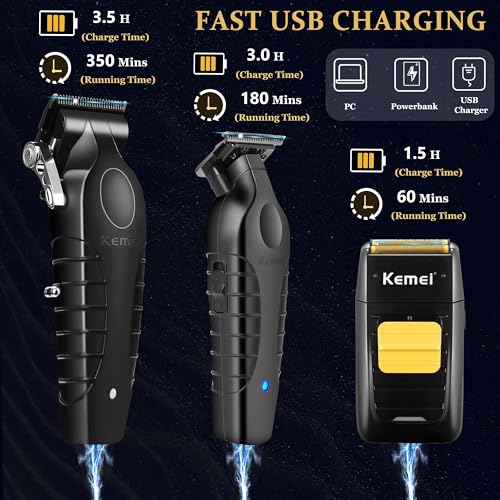 KEMEI Professional Hair Clipper and Trimmers Set, Cordless Barber Clippers, Beard Trimmer, Electric Foil Shaver with Replacement Heads, KM-2299, KM-2296, KM-1102