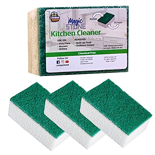 Image of COMPAC HOME Magic-Stone Kitchen Cleaner Scrub - 2-Sided Scouring Stone, Easily Removes Stubborn Food Grime, Grease, 4 Count, White/Green
