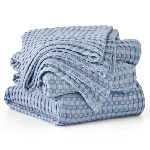 Image of Bedsure Cooling Cotton Waffle Oversized King Blanket - Lightweight Breathable Rayon Derived from Bamboo for Hot Sleepers, Luxury Throws for Bed and Sofa, Sky Blue, 120x96 Inches