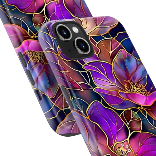 Image of Goodon for iPhone 13 Mini Case Cute - Wireless Charging Compatible - Dual-Layer Hard Shell + Silicone Cover - Protective Phone Case with Trendy Designs for Women - Blooming Purple Flowers