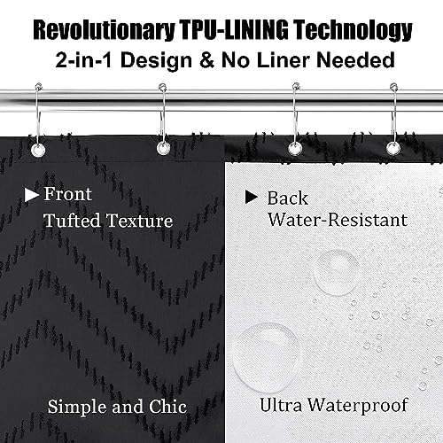 Extra Long Black Boho Shower Curtain 96 Inch Black Tufted Chevron Striped Fabric Shower Curtains For Bathroom Modern Shabby Chic Waterproof Cloth Shower Curtain Set With Hooks, Black #TOP1