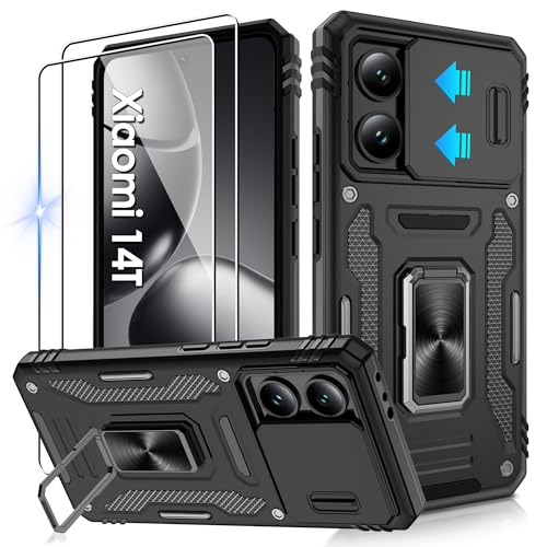 Jshru Hülle für Xiaomi 14T Handyhülle Slide Kameraschutz Militärstandard Stoßfest Schutzhülle mit 2 Stück Schutzfolie 360 Metall Ring Ständer Fallfest Case für Xiaomi 14T Schwarz