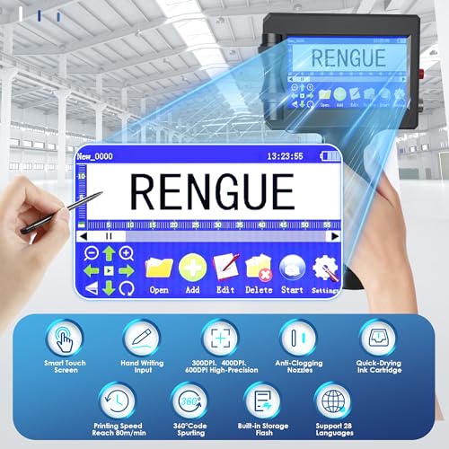 Rengue Handheld Inkjet Printer Gun, Portable Handheld Printer Quick-Drying Inkjet Coding Machine, 4.3" Mobile Touch Screen Inkjet Label Printer for QRCode, Barcode, Batch Number, Date (28 Languages)