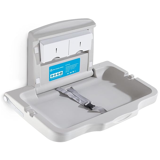 Baby Changing Station Wall Mounted Baby Changing Table Foldable Diaper Changing Unit Commercial Restrooms Horizontal HDPE Meterial with Safrty Strap White Gray