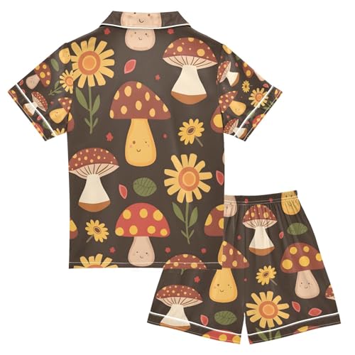 senya Mushroom and Sunflowers Satin Summer Pajama Sets Silk Short Sleeve Button Down Sleepwear2