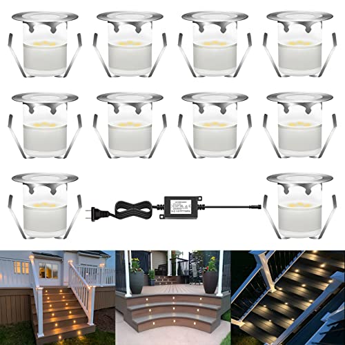 CISLAN LED Outdoor Deck Lights Kits, Warm White ?1.18in Low Voltage 12V DC IP67 Waterproof, Electric Wired Recessed Round Landscape Lighting for Exterior Yard Stair Step Floor Riser, 10 Pack Silver