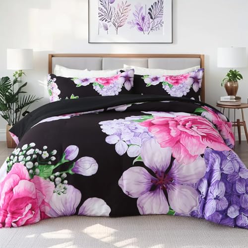 Heymybed Floral Comforter Set Queen Size, 3 Pieces Elegant Black
