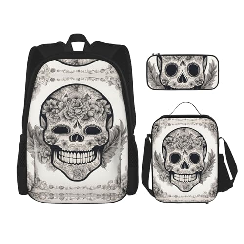 Mexican Skull 3-Piece Set Backpack, Lunch Bag, And Pencil Case, Casual Cute Sets For Travel And College