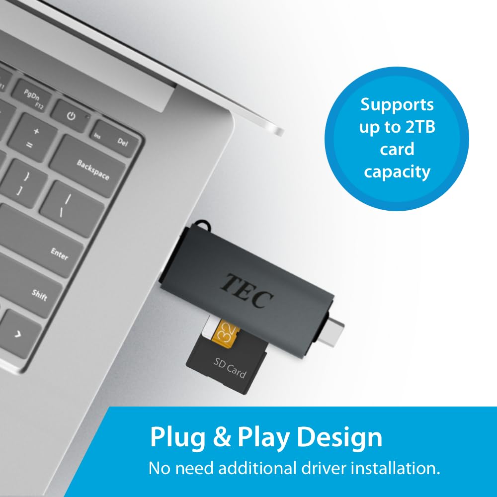 TEC Lector de tarjetas 2 en 1 USB-C/USB 3.2 MicroSD y adaptador de lector de tarjetas SD con doble salida USB. Compatible con iPhone 15 Pro Max, MacBook Pro/Air, Chromebook, Galaxy y más. Ideal para