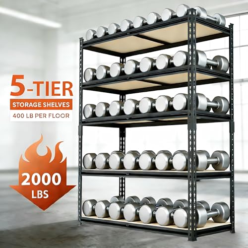 Image of 5-Tier Adjustable Metal Storage Rack, 2000 lbs Capacity, Heavy-Duty Garage Shelving, Black, 28 inchW x 11.8 inchDx 59.8 inchH, Suitable for Kitchen Storage, Basement, Multi-Functional Storage Rack.
