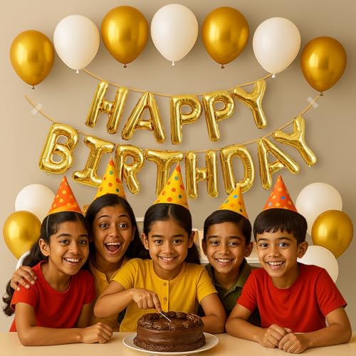 Image of Party Propz Happy Birthday Banner Decoration Kit - 12Pcs Golden Happy Birthday Banner, Foil Banner with Gold Balloons, White Balloons,Balloon for Birthday Decoration, Arch Roll (Foil, Latex)