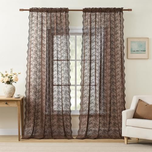 YJ YANJUN Vintage Lace Curtains 84 Inches Long-Victorian Floral Boho Brown Sheer Curtains for Living Room Bedroom Light-Filtering Rustic Farmhouse Window Treatment Chocolate 2 Panels 52W x 84L