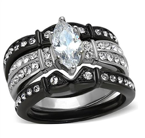Doublebeez Jewelry Stainless Steel Black IP Marquise Solitaire Cubic Zirconia Wedding Ring Set, Size 5