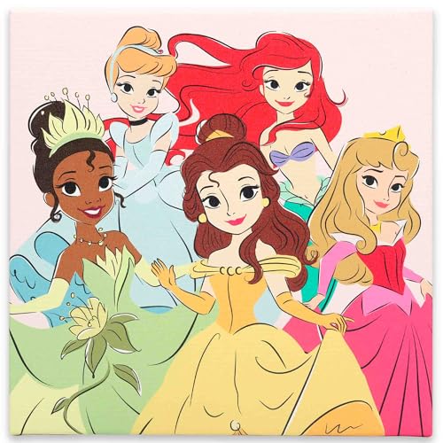 Image of Open Road Brands Disney Princess Cinderella, Ariel, Tiana, Belle, and Aurora Gallery Wrapped Canvas Wall Decor - Beautiful Princess Wall Art for Home, Pink/Green