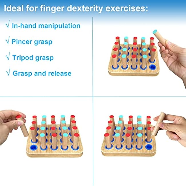 20-Hole Wooden Pegboard for Finger Dexterity Exercises, Easy Grip Pegs & Peg Board to Improve Fine Motor Functions & Hand-Eye Coordination, Hand Exercise for Rehabilitation & Occupational Therapy