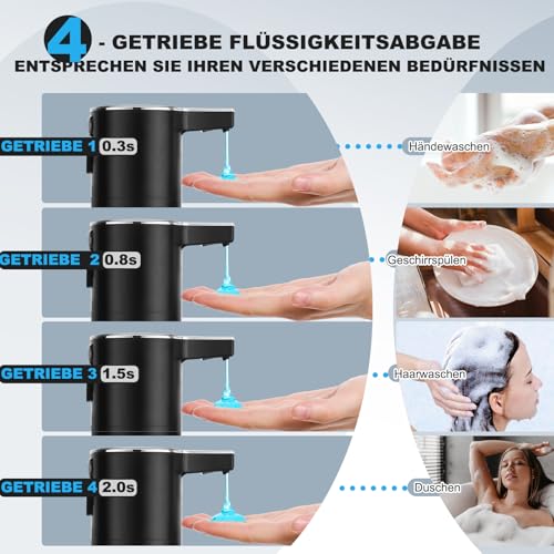 Seifenspender Automatisch Elektrischer 4-Stufen Verstellbar Wandmontage Sensor mit Sensor 400ml No Touch Seifenspender FüR Bad,KüChe,Büro Schwarz 3