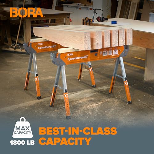 Image of Bora Portamate Speedhorse XT Sawhorse Pair- Two pack, 30-36 inch height adjustable Legs, Metal Top for 2x4, Heavy Duty Pro Bench Saw Horse for Contractors, Carpenters - PM-4550T,Orange