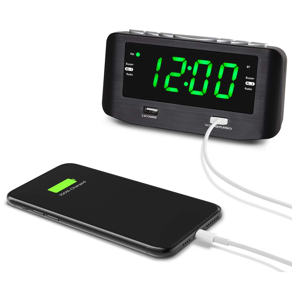 HANNLOMAX HX-146CR - Radio despertador PLL, radio FM, alarma dual, pantalla LED verde de 1.2 pulgadas, Bluetooth, 1 puerto USB para carga de 2.4 A y 1 puerto USB de carga de 1 A/reproducción de MP3