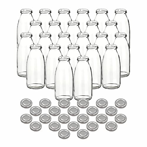 gouveo 24er Set Glas-Saftflaschen 250 ml (0,25 l) Saftflasche 250 ml rund mit Schraubdeckel TO 43 silberfarben, leere Klarglasflaschen zum Abfüllen, Aufbewahren & Servieren (SF250S)