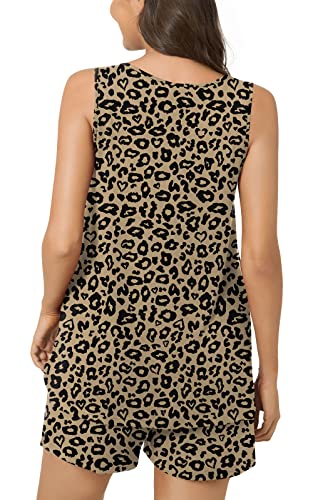Popyoung 2023 Women's Pajamas Sets, Summer Sleevelesss Tank Tops With Comfy Shorts, Lounge Sleepwear 2 Piece Ladies Pjs Sets With Pockets 2Xl, Leopard Khaki #TOP2