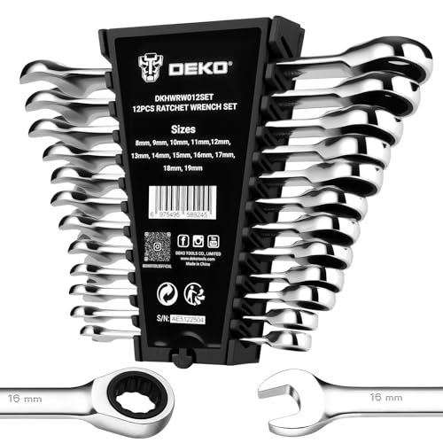DEKOPRO 12-Piece Ratcheting Wrench Set 8-19mm Metric Standard Fixed Head Combination Wrenches Set with Rack Organizer Cr-V Steel 12 Point 72 Teeth
