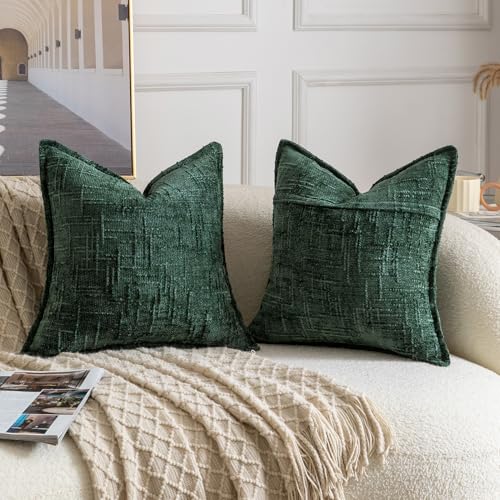 Image of MADIZZ Pack of 2 Chenille Throw Pillow Covers 16x16 Inch Green Soft Neutral Decorative Throw Pillows for Couch Sofa Boho Accent Cushion Covers Modern Farmhouse Home Decor for Bedroom Living Room