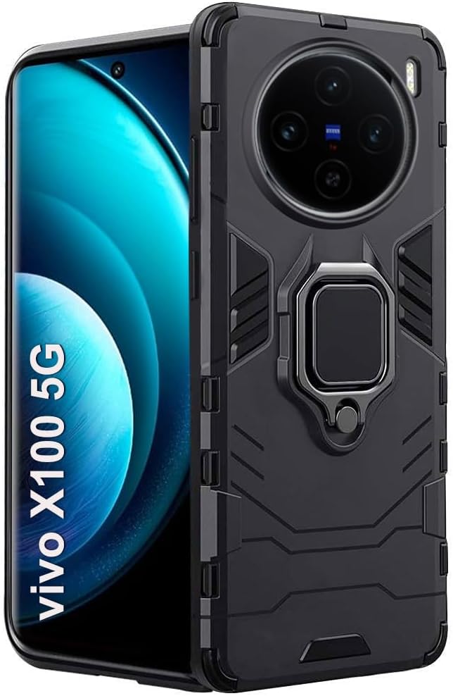 TheGiftKart Tough Armor Bumper Back Case Cover for Vivo X100 5G | Ring Holder & Kickstand in-Built | 360 Degree Protection Back Case Cover for Vivo X100 5G (PC & TPU, Black)