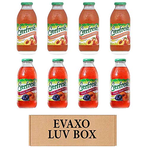 Evaxo LUV BOX- variety Everfresh Juice 16 oz. pack of 8, Peach Watermelon, Peach Plum Pear