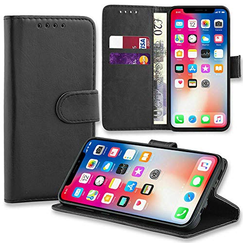 iPhone 5-5S Wallet Flip Case - Leather Premium Folio Phone Cover [Kickstand] [Cash & Card Slots] [Magnetic Closure] Wireless Charging Compatible Real Leather For iPhone 5-5S Black