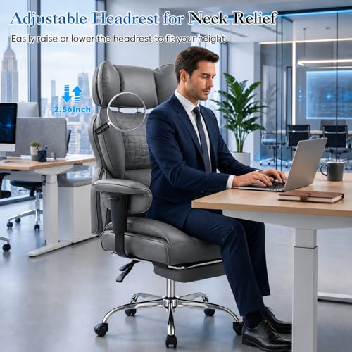 Image of Big and Tall Office Chair 350 LBS, Scratch-Resistant PU Leather Executive Office Desk Chair with Footrest, Ergonomic Reclining Computer Chair with Pocket Spring Support for Home Office, Grey
