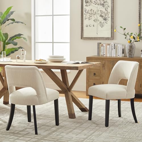 VKNOW Wooden Dining Chairs Set of 2, Modern Fabric Upholstered Dining Room Chair Kitchen Chairs, Farmhouse Dinner Chair for Kitchen Dining Room, Beige-Black Legs