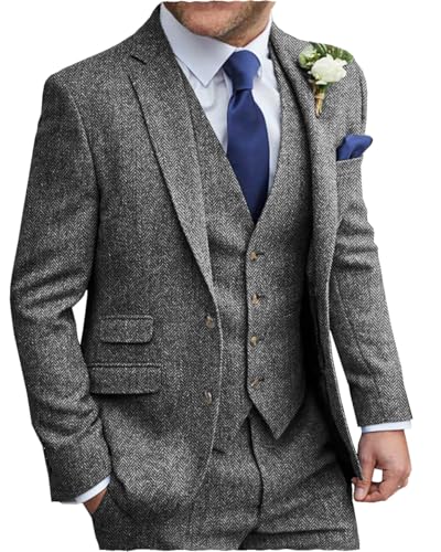 MoranX Men's Suits Formal Regular Fit 3 Piece Herringbone Tweed Wool Business Jacket Tuxedos Blazer+Vest+Pants Wedding