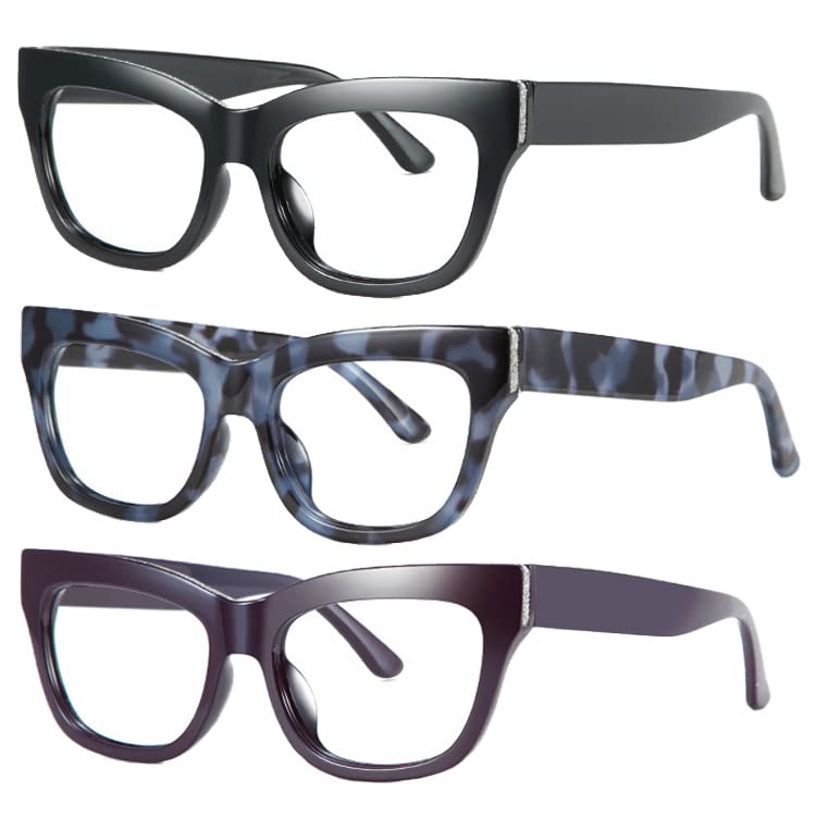Image of 3Pack Bling Square Cateye Reading Glasses For Women Men Spring Hinges Blue Light Blocking Computer Readers (black /blue /deep purple, 3, multiplier x)