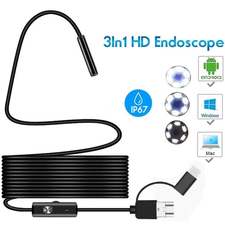Image of SECURINNOV 2MP HD 5M Endoscope Camera Waterproof IP67 Inspection Snake Camera with 6 Adjustable LEDs | 3-in-1 USB | Type-C | Micro-USB Borescope for Android Smartphones | Laptop & PC (5M Endoscop)