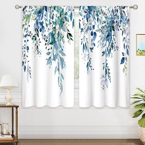 Oolygoo Teal Eucalyptus Botanical Leaves Floral Window Curtains Blue Watercolor Turquoise Flower Plant Wildflower Farmhouse Curtain Drapes Herb Curtains for Bedroom Living Room Treatment 29Wx63H Inch