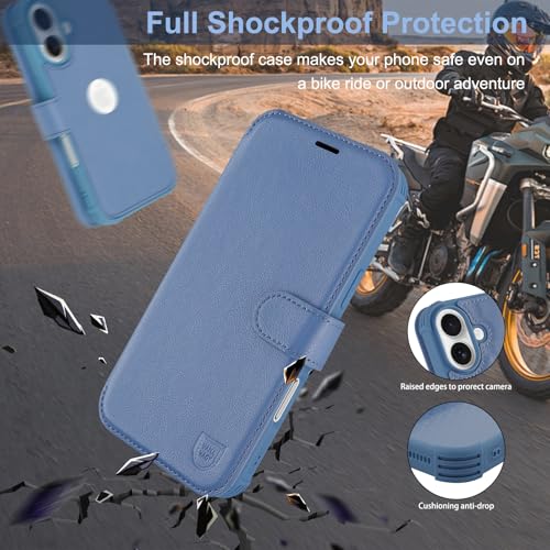 VANAVAGY Compatible for iPhone 16 Plus Wallet Case,RFID Flip Leather Cover with Wrist Supports Wireless Charging with Card Holder,[Glass Screen Protector & Camera],Blue by VANAVAGY - Image 4