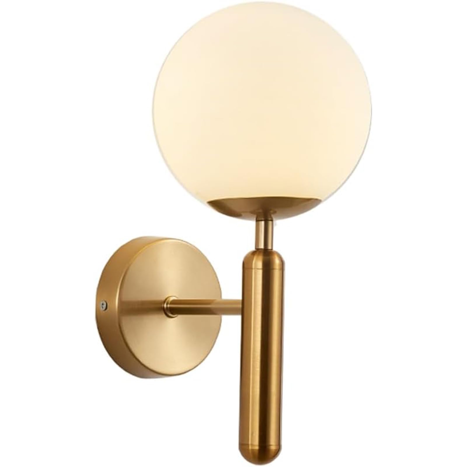 Applique da parete a sfera in vetro bianco da 150 mm, globo in vetro bianco con lampada da parete con base in ottone dorato