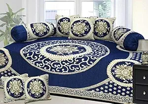 HOMA DORN Heavy Chenille Printed Designer Diwan Cover | Luxurious & Trendy Printed Diwan | Sets (Single Bedsheet + 5 Cushion Covers 2 Bolster Covers) (Round Blue)